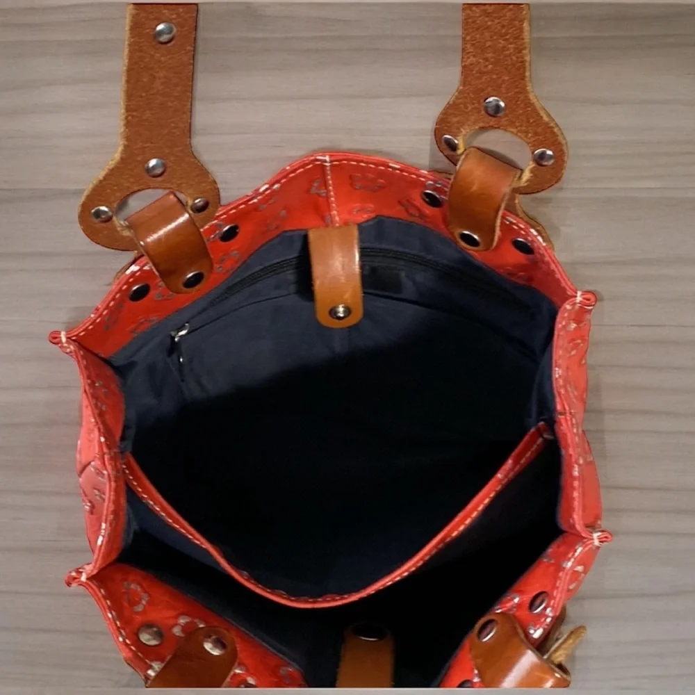 Claudia Firenze Red Leather Tote Bag with Brown‎ Leather Handles